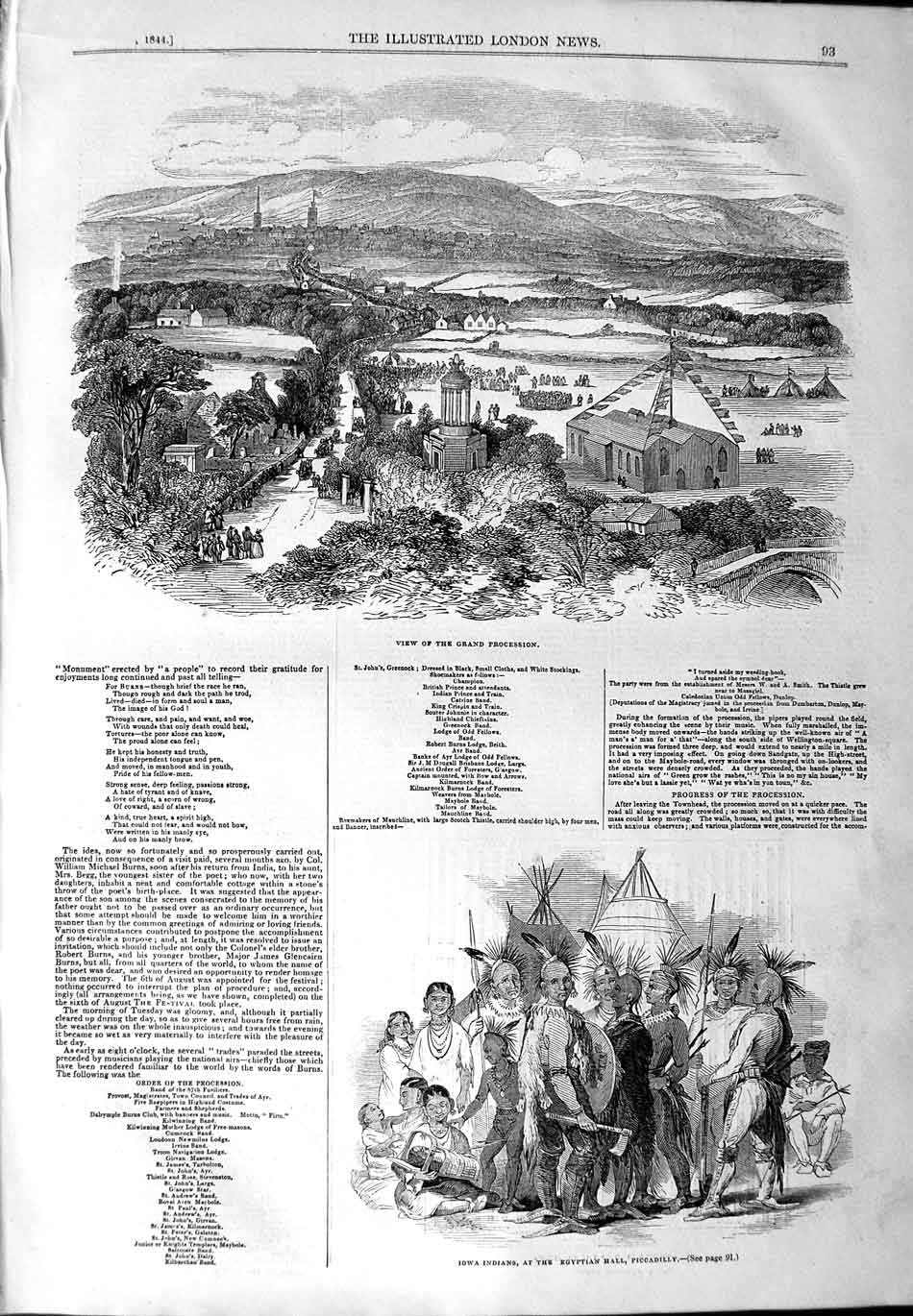 Original Old Antique Print 1844 View Grand Procession Iowa Indians Pic Victorian