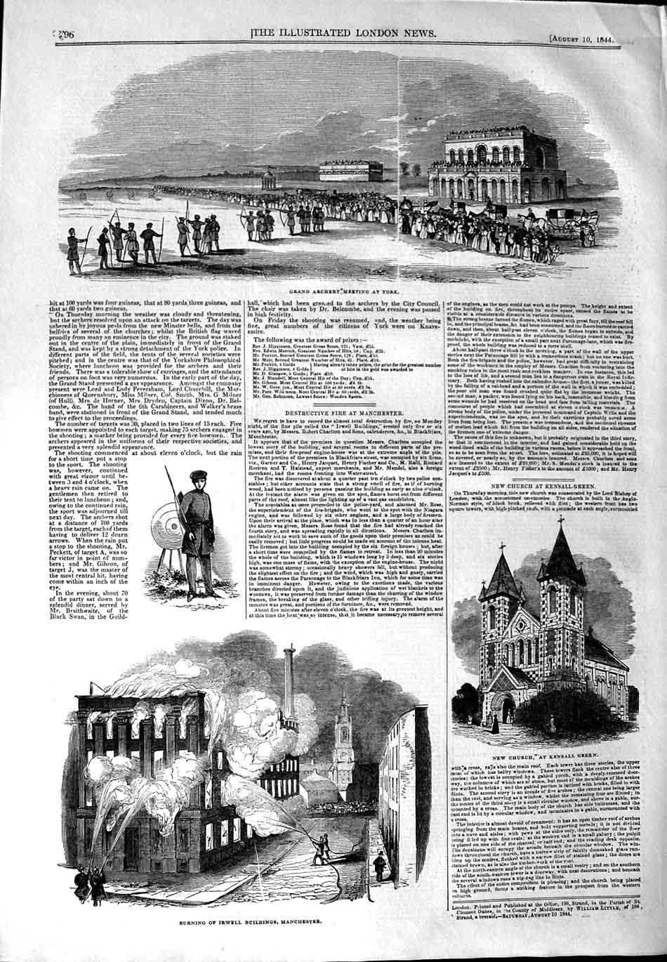 Old Antique Print 1844 Archery Meeting Yotk Church Kensall Green Irwell 19th