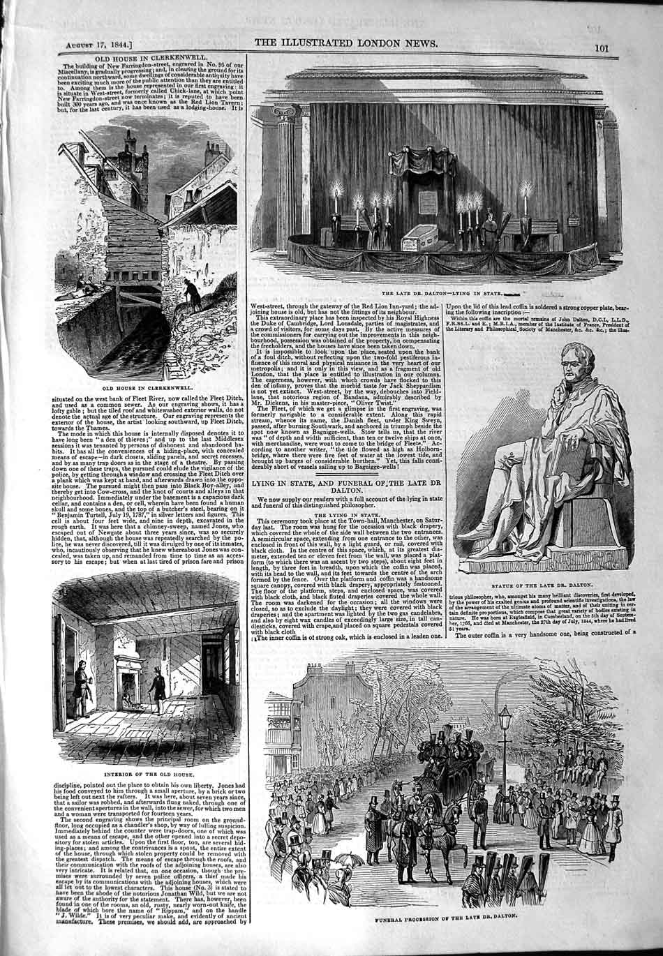 Old Antique Print 1844 Statue Dr. Dalton Clerkenwell Funeral Procession 19th