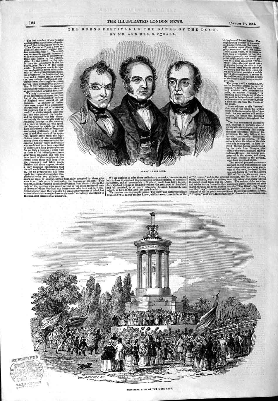 Original Old Antique Print 1844 Burns Festival Doon Principal View Monument