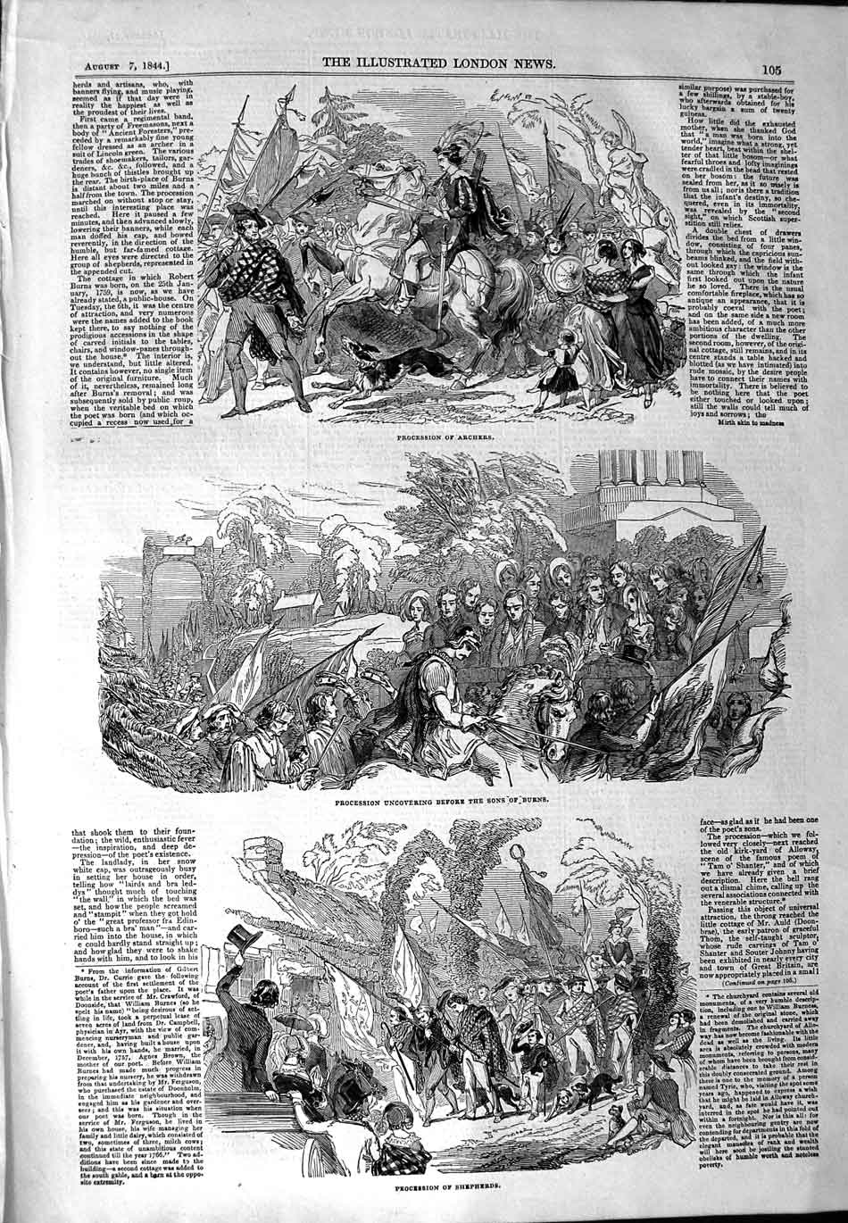 Original Old Antique Print 1844 Procession Archers Shepherds Sons Burns 19th