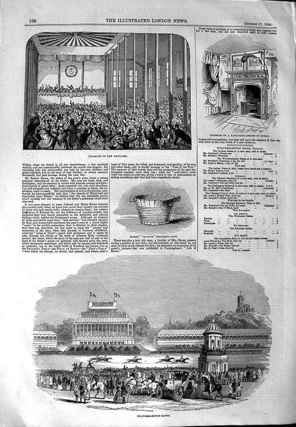 Original Old Antique Print 1844 Banquet Pavilion Burns Quaich Wolverhampto 19th