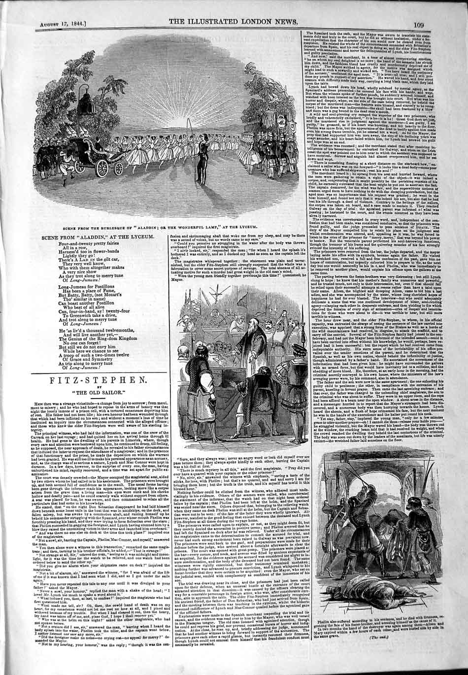 Original Old Antique Print 1844 Burlesque Aladdin Wonderful Lamp Lyceum Theatre