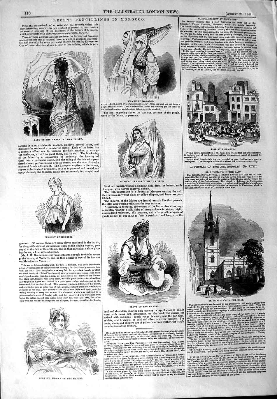 Old Antique Print 1844 Richmond Morocco Harem Slave Dunstan-In-The-East 19th