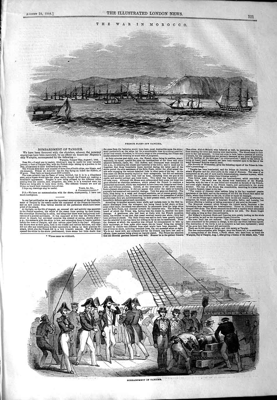 Original Old Antique Print 1844 War Morocco French Ships Tangier Bombardment