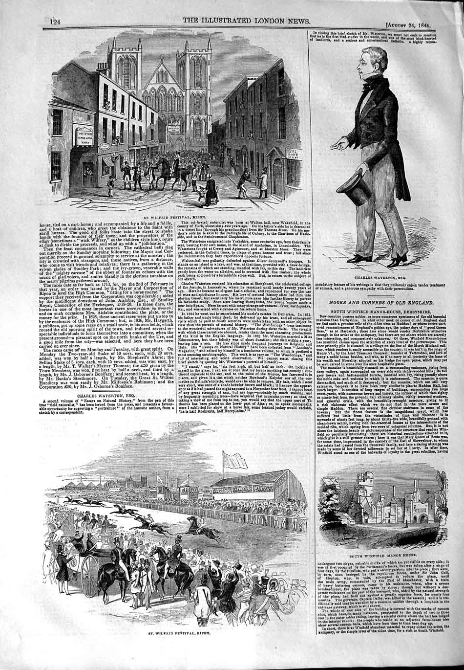 Original Old Antique Print 1844 Wilfred Festival Ripon Waterton Winfiel 19th