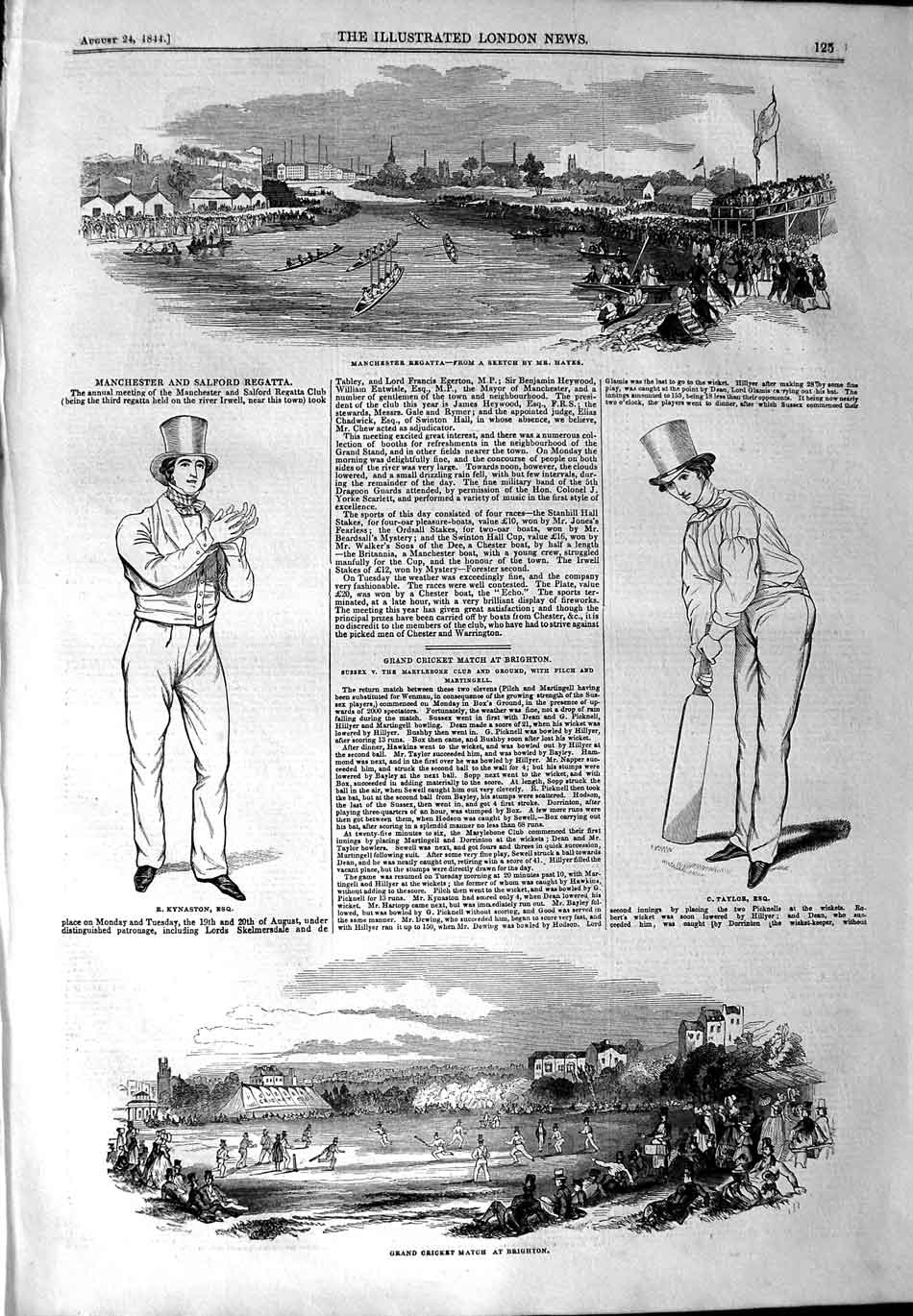 Old Antique Print 1844 Cricket Match Taylor Brighton Manchester Regatta 19th