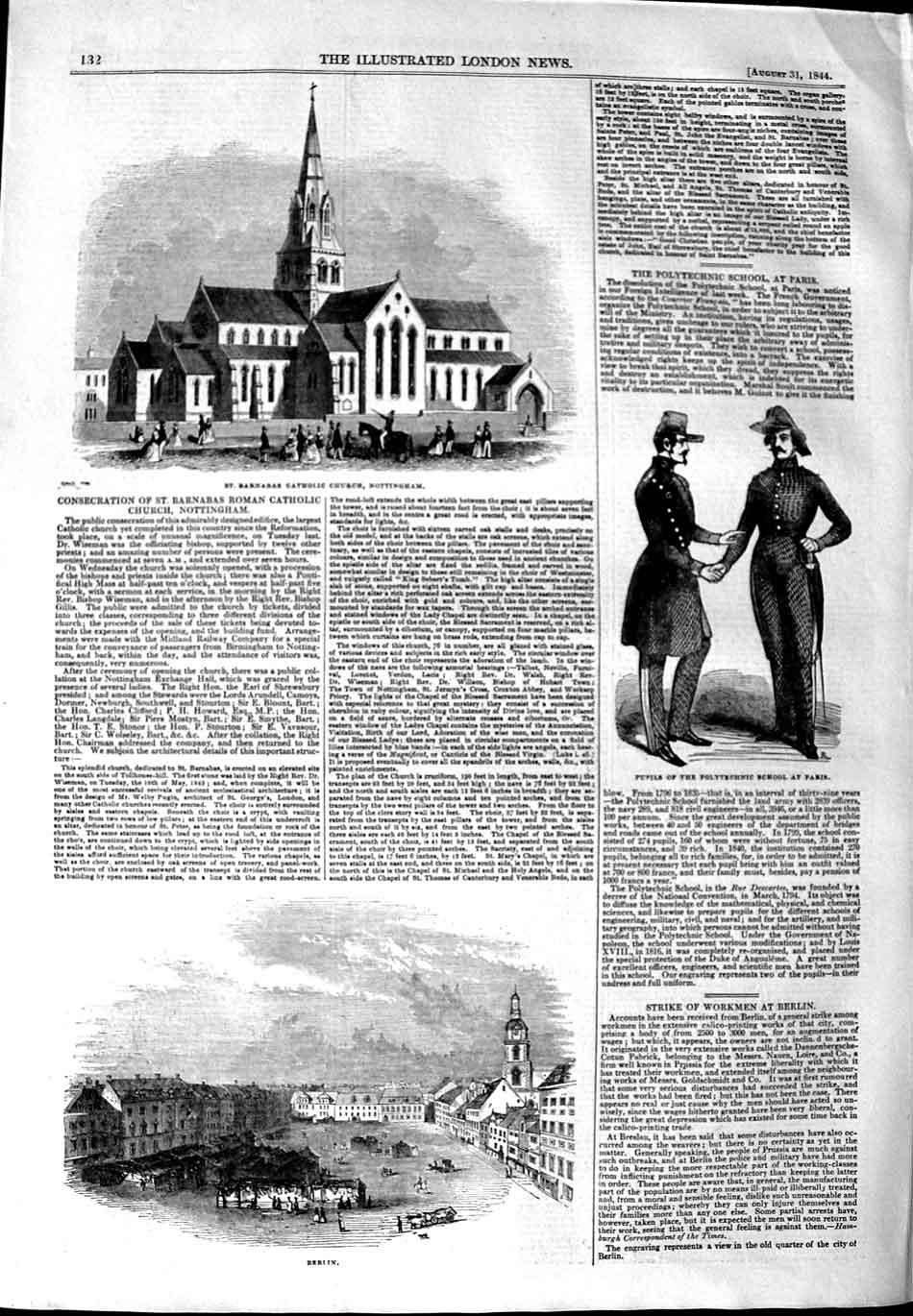 Original Old Antique Print 1844 Church Nottingham School Paris Berlin Germany