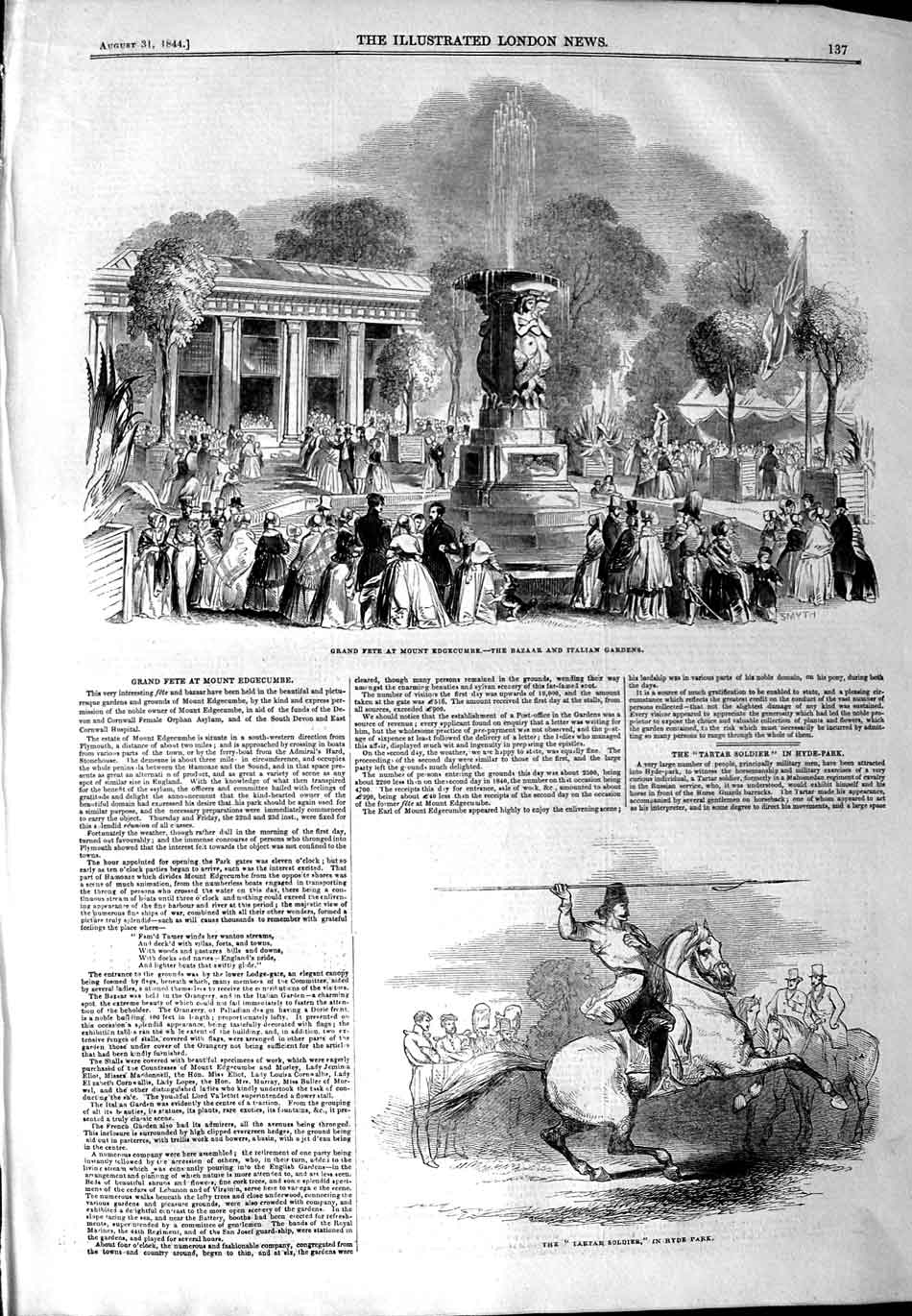 Original Old Antique Print 1844 Mount Edgcumbe Bazaar Italian Gardens Hyde Park