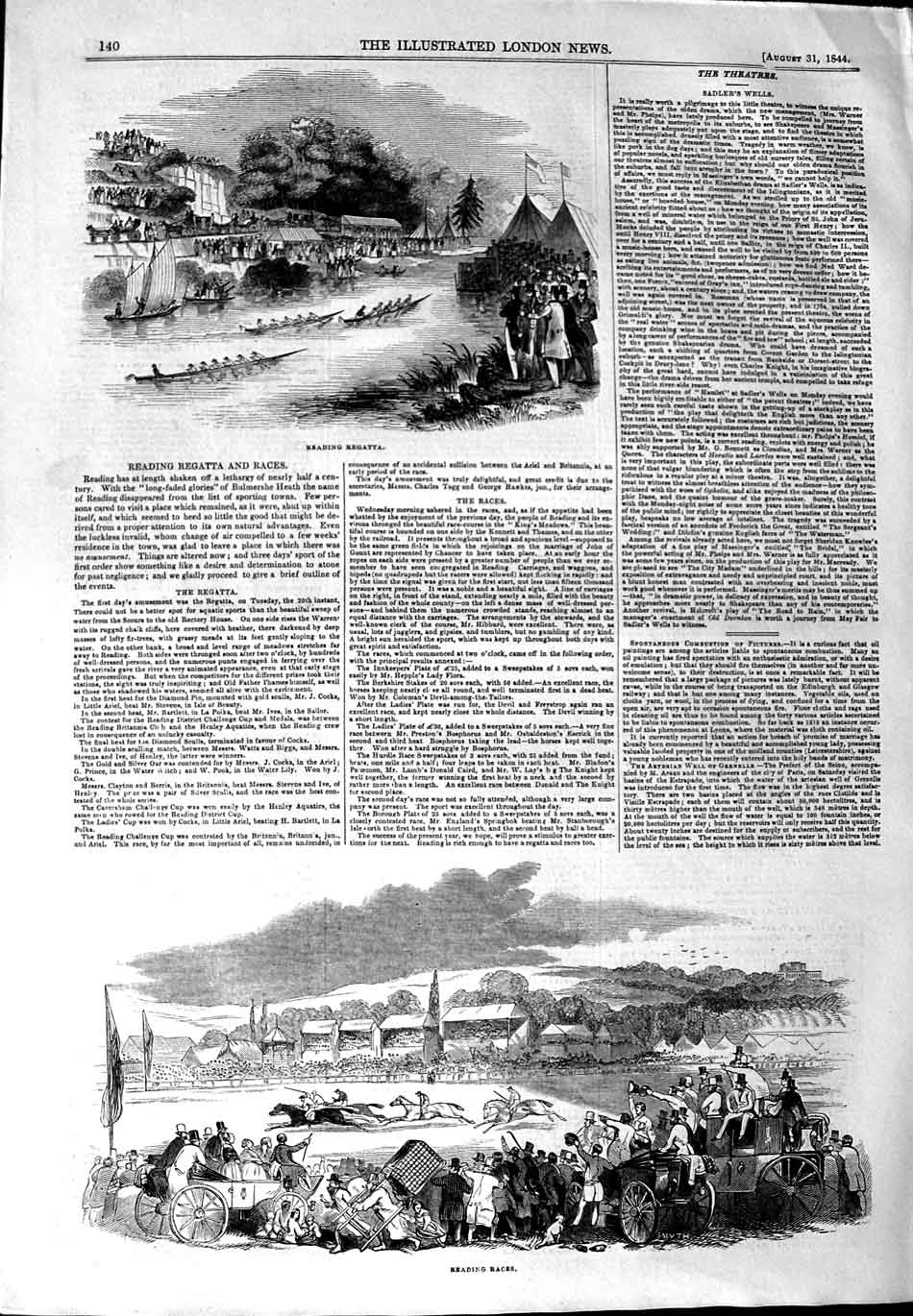 Original Old Antique Print 1844 Reading Regatta Boat River Horse Race Victorian