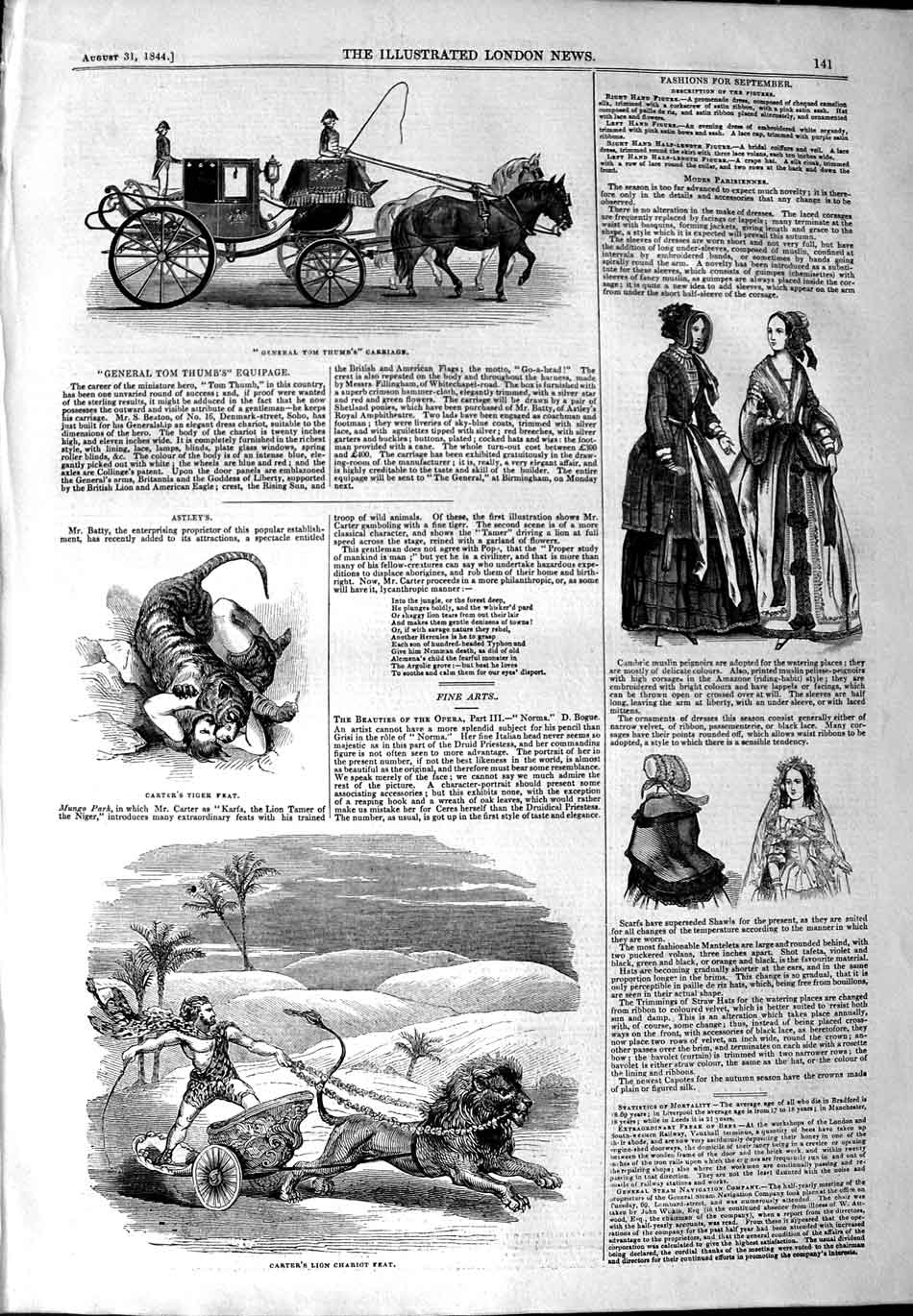Original Old Antique Print 1844 Tom Thumb Carriage Carter Lion Chari Victorian