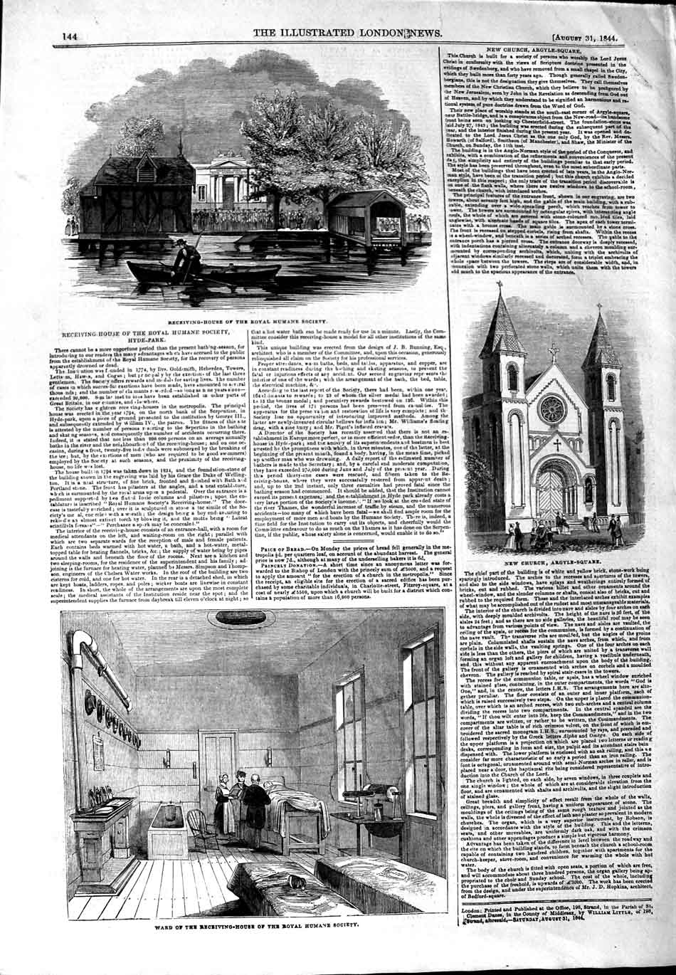 Original Old Antique Print 1844 Royal Humane Society Hyde Church Argyle Square