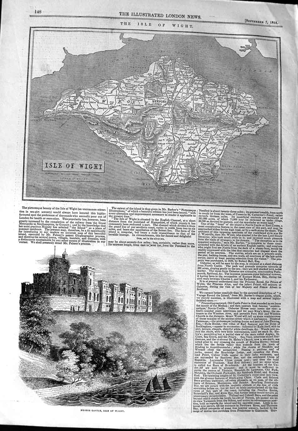 Original Old Antique Print 1844 Map Isle Wight Norris Castle Architecture 19th