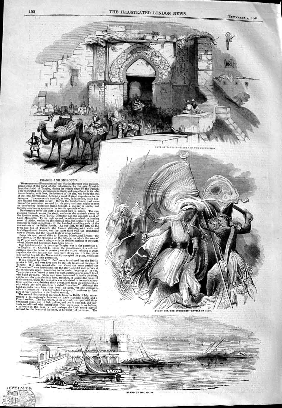 Original Old Antique Print 1844 Island Mogadore Battle Isly Gate Tangier Camels