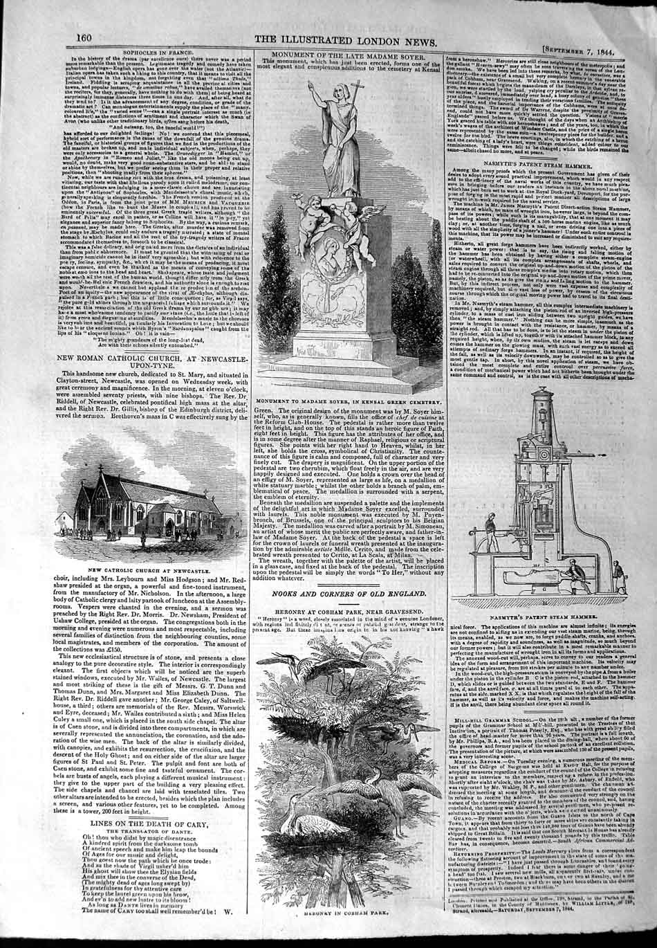 Original Old Antique Print 1844 Monument Soyer Kensal Church Newcastle Nasmyth