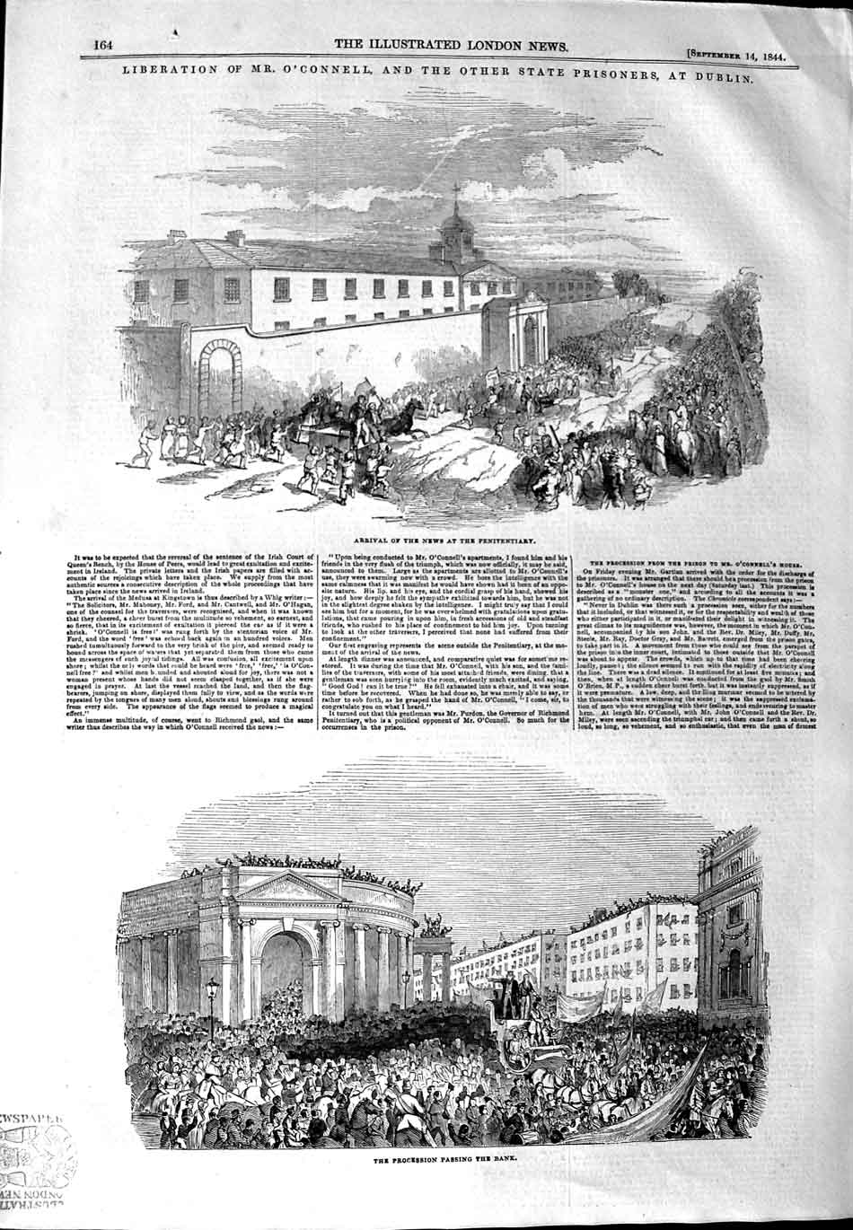 Original Old Antique Print 1844 Liberation Mr. O'Connell State Prisoners Dublin