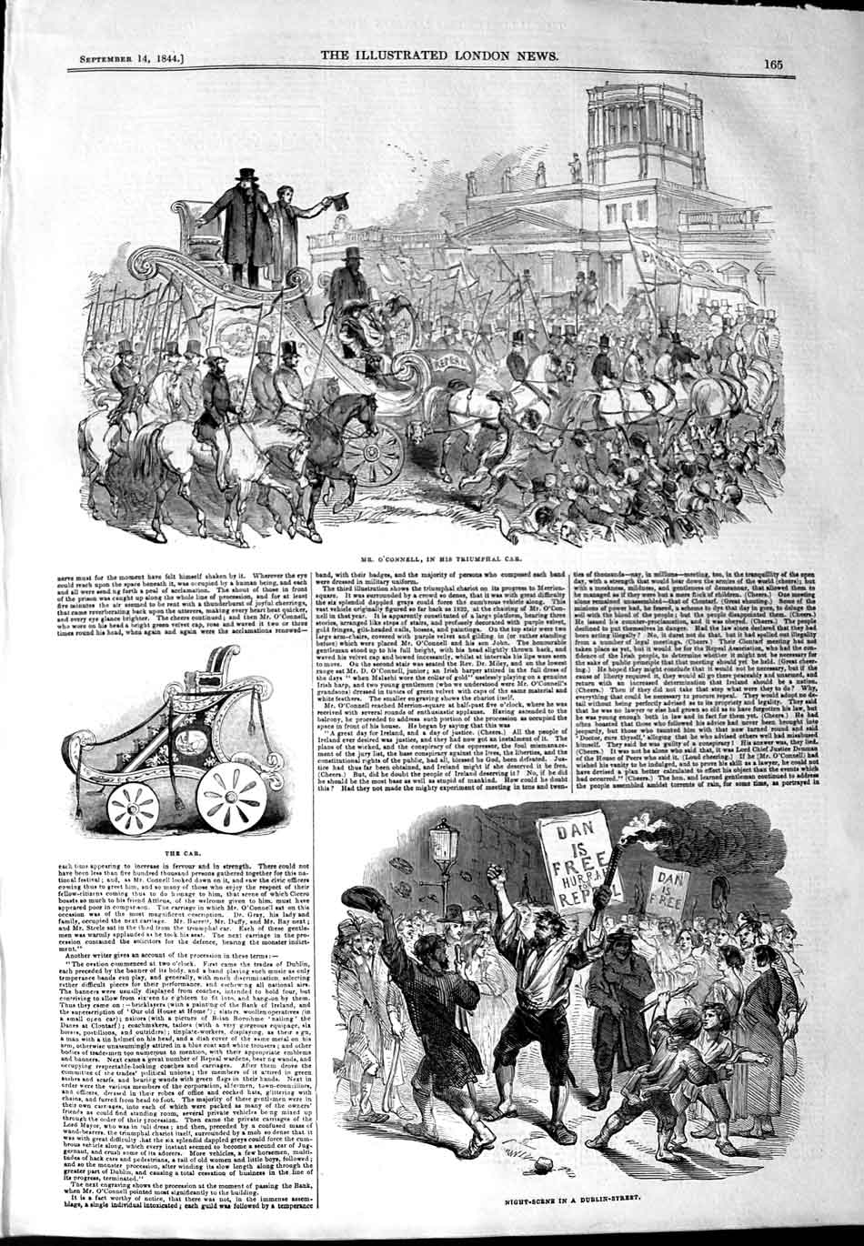 Original Old Antique Print 1844 Mr O'Connell Triumphal Car Dublin Ireland 19th