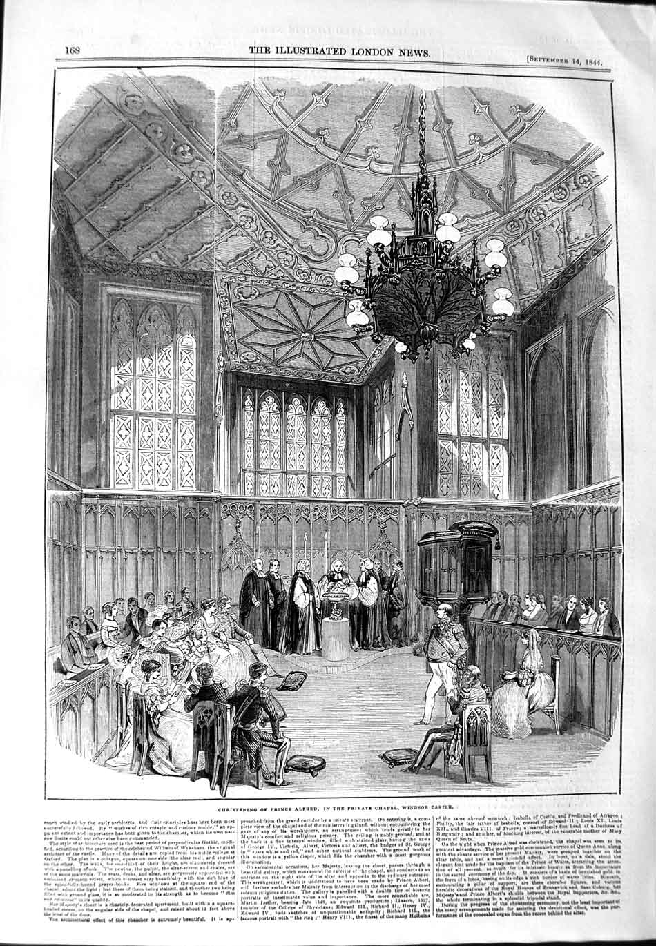 Antique Old Print 1844 Christening Prince Alfred Chapel Windsor Castle Ref.2