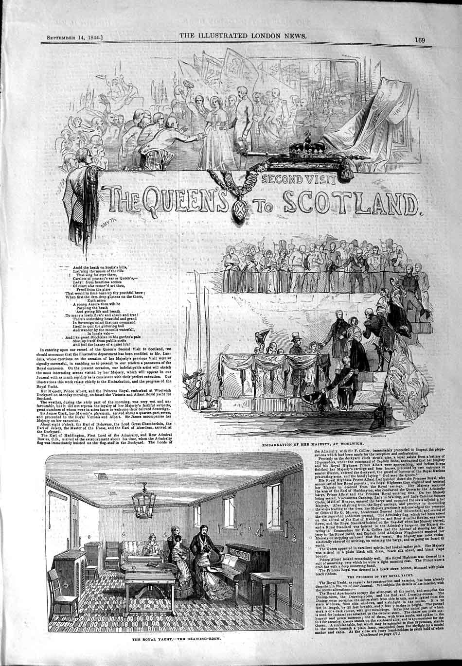 Old Antique Print 1844 Queen Scotland Royal Yacht Drawing Room Woolwich 19th