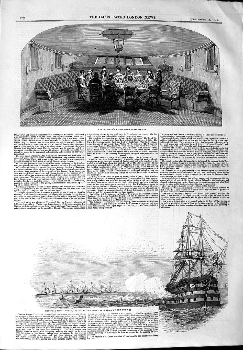 Original Old Antique Print 1844 Flag Ship Ocean Royal Yacht Nore Queen Dini 19th