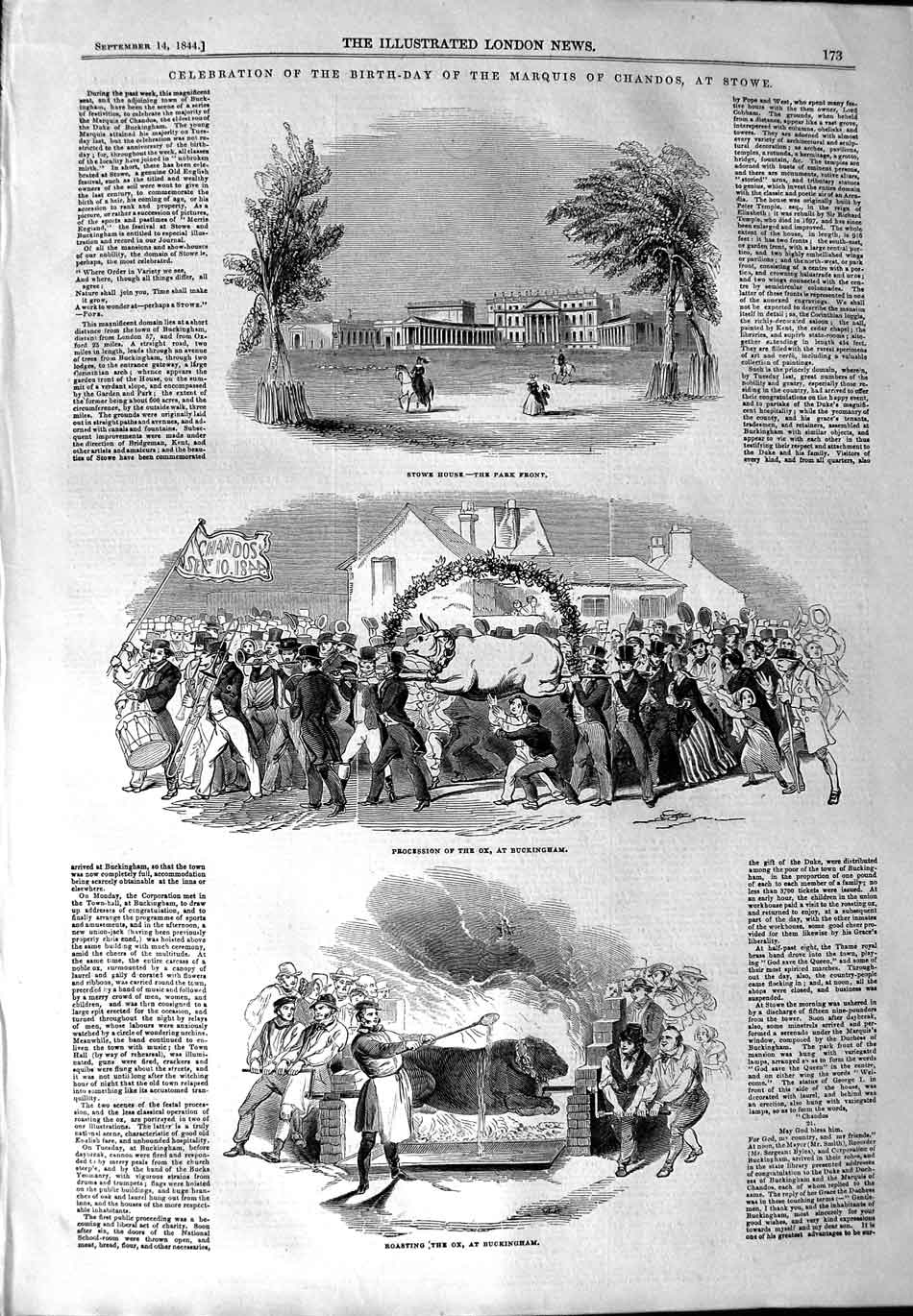 Original Old Antique Print 1844 Marquis Chandos Stowe Roasting Ox Buc Victorian