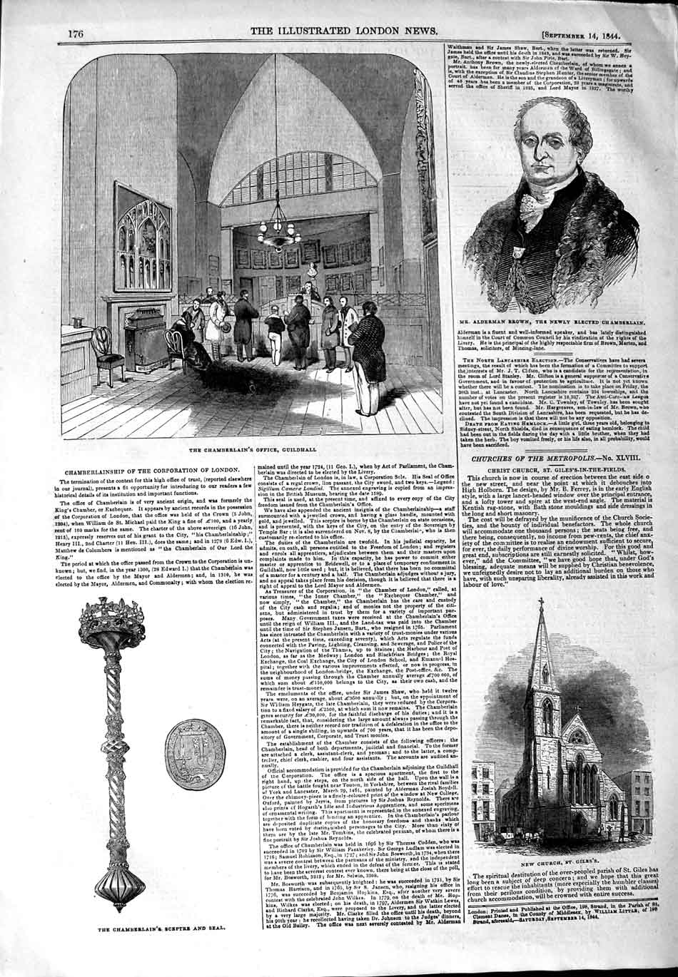 Old Antique Print 1844 Alderman Brown Chamberlain Guildhall Sceptre Seal 19th