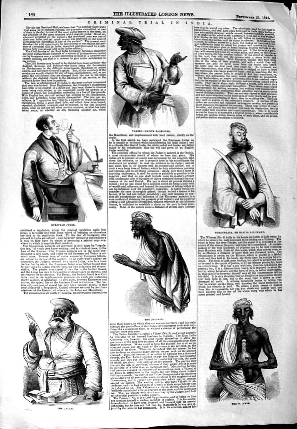 Old Antique Print 1844 Criminal Trial India Judge Burkundauz Vakeel Omlah 19th