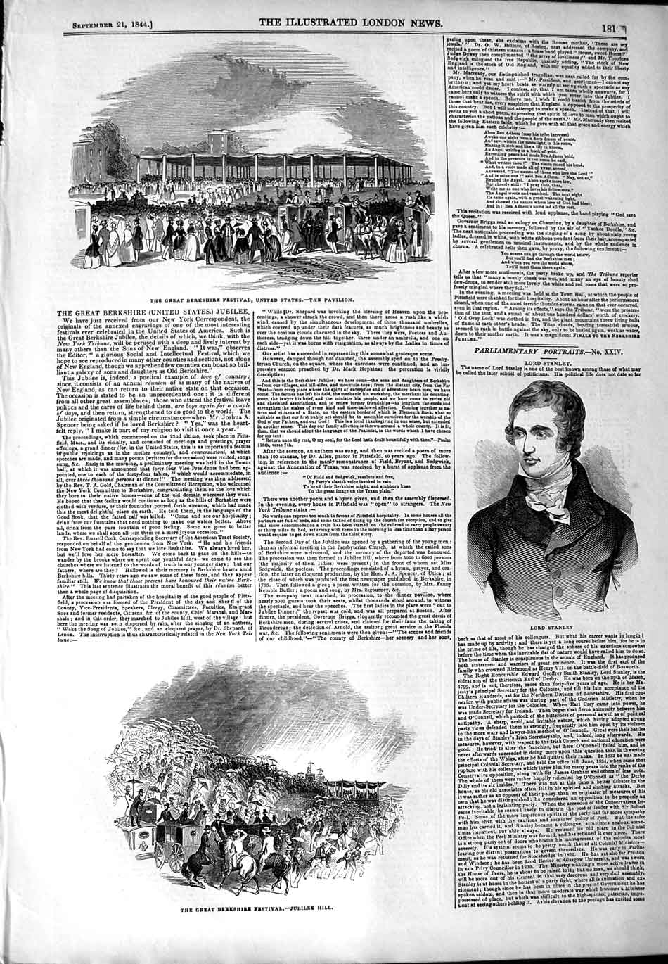 Old Antique Print 1844 Lord Stanley Berkshire Festival America Pavilion 19th