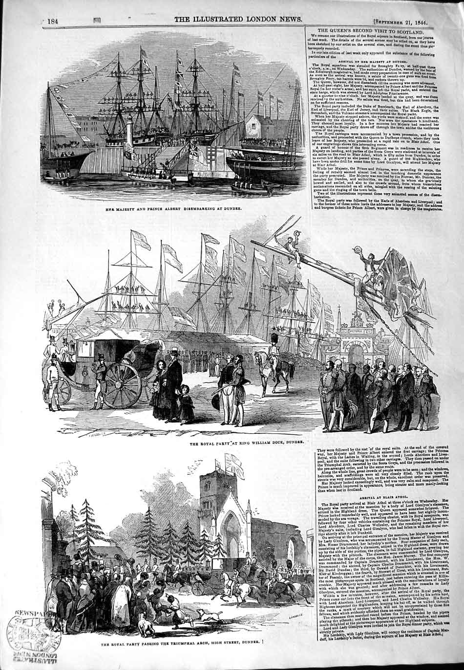 Old Antique Print 1844 Queen Ship King William Dock Dundee Triumphal Arch 19th