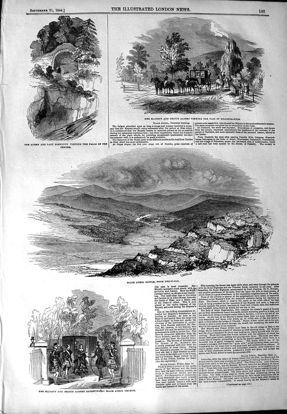 Old Antique Print 1844 Blair Athol Church Ben-Y-Glo Queen Killiecrankie 19th