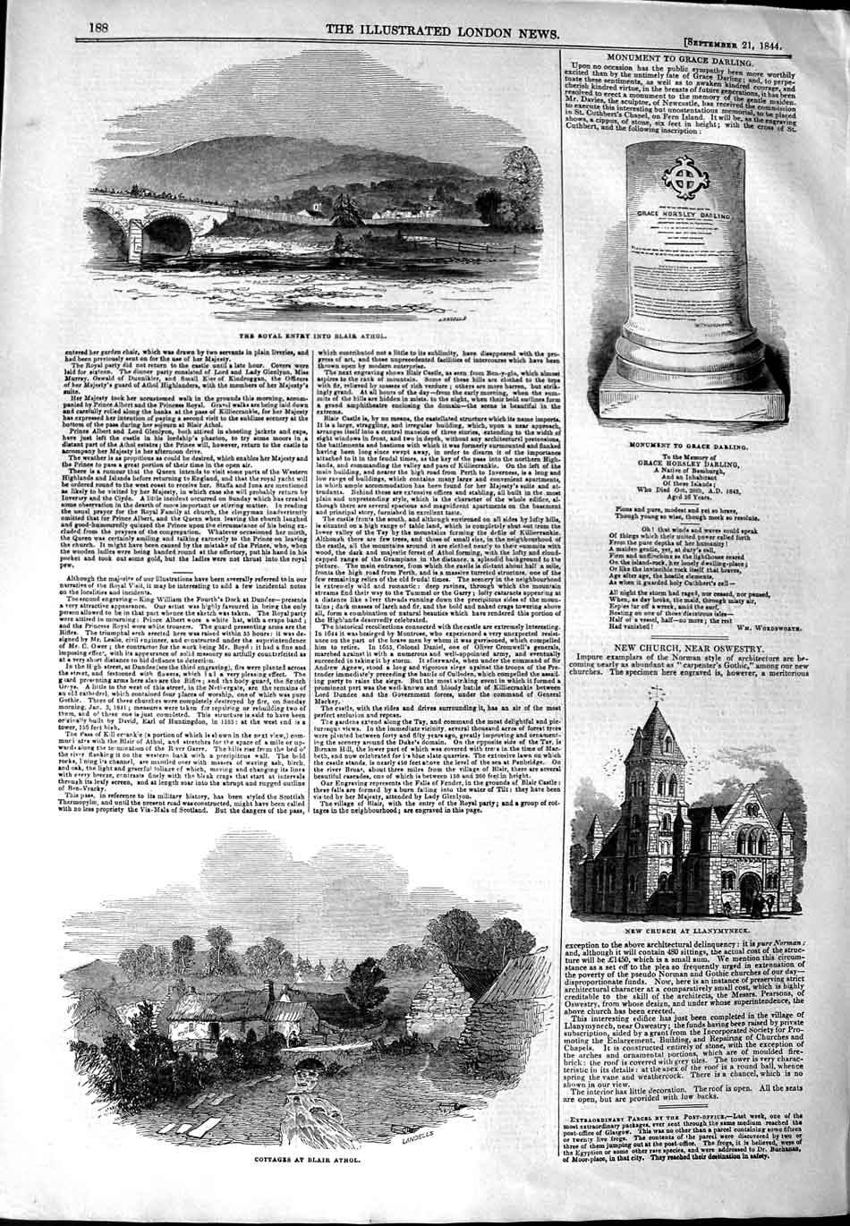 Original Old Antique Print 1844 Blair Athol Scotland Church Llanymyneck Darling