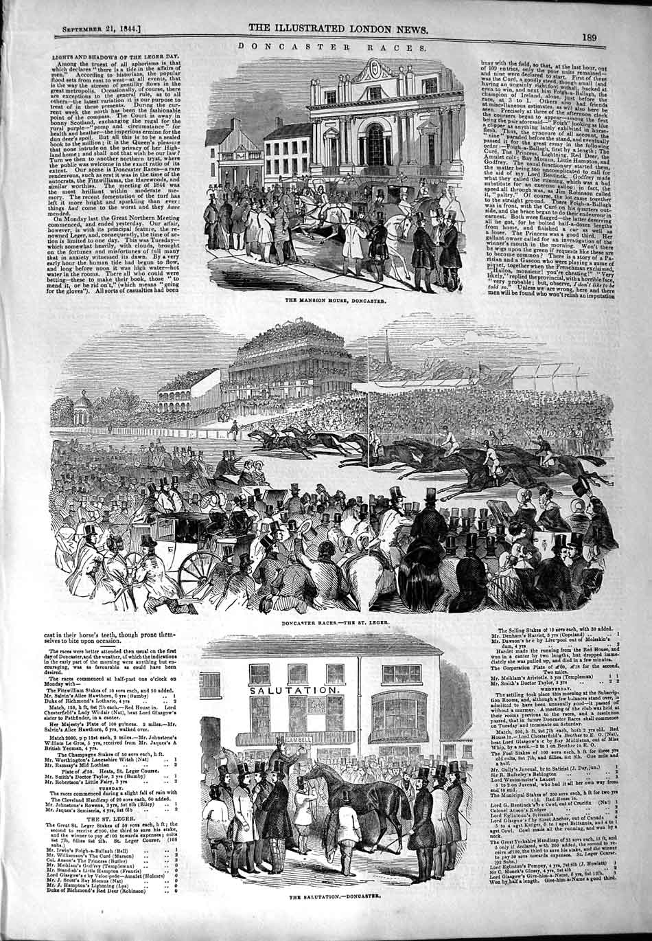 Original Old Antique Print 1844 Doncaster Races Mansion House Horses St. Leger