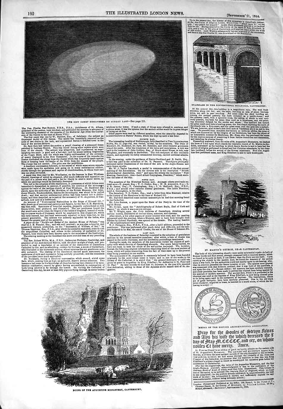 Old Antique Print 1844 Comet Augustine Monastry Canterbury Martins Church 19th
