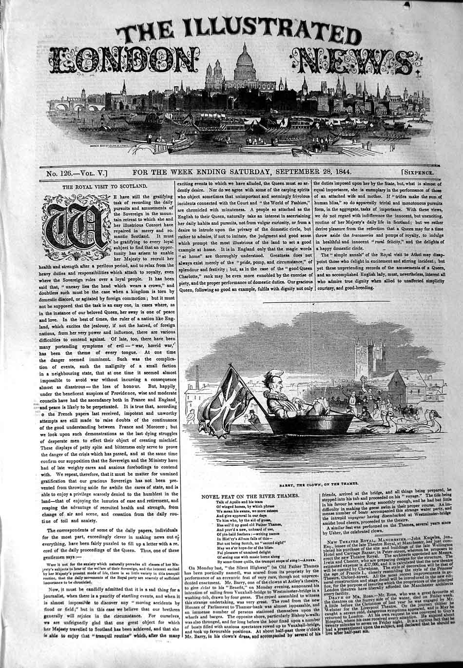 Original Old Antique Print 1844 View Barry Clown River Boat Thames London 19th