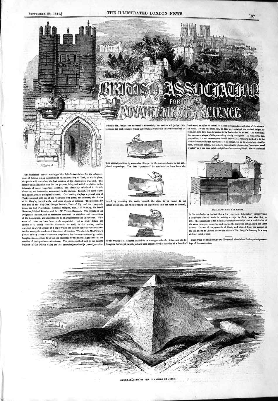 Old Antique Print 1844 View Building Pyramids Jizeh British Association 19th