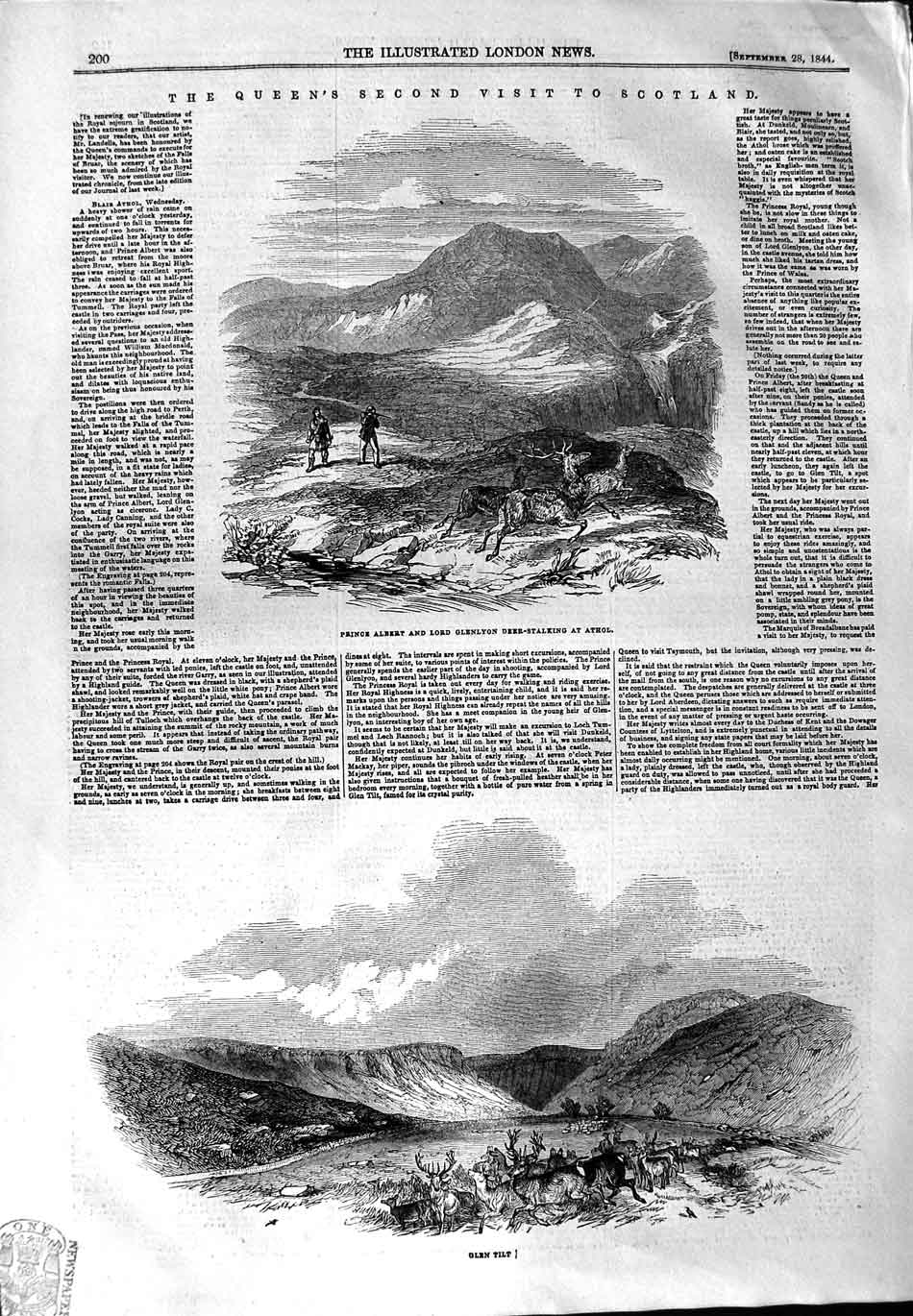 Original Old Antique Print 1844 Queen Scotland Albert Glenlyon Deer Gl Victorian