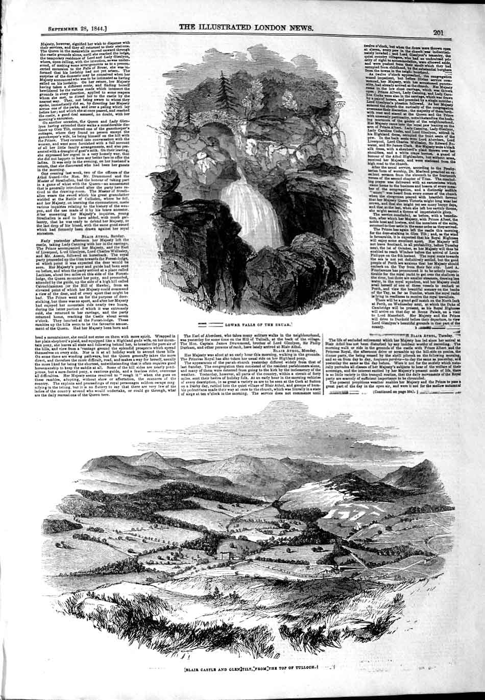 Original Old Antique Print 1844 Blair Castle Glen Tilt Tulloch Mountains Bruar