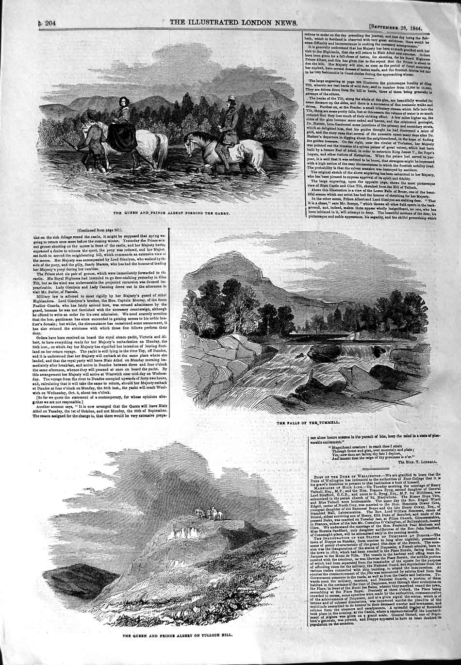 Original Old Antique Print 1844 Queen Prince Albert Falls Tummell Tulloch Hill