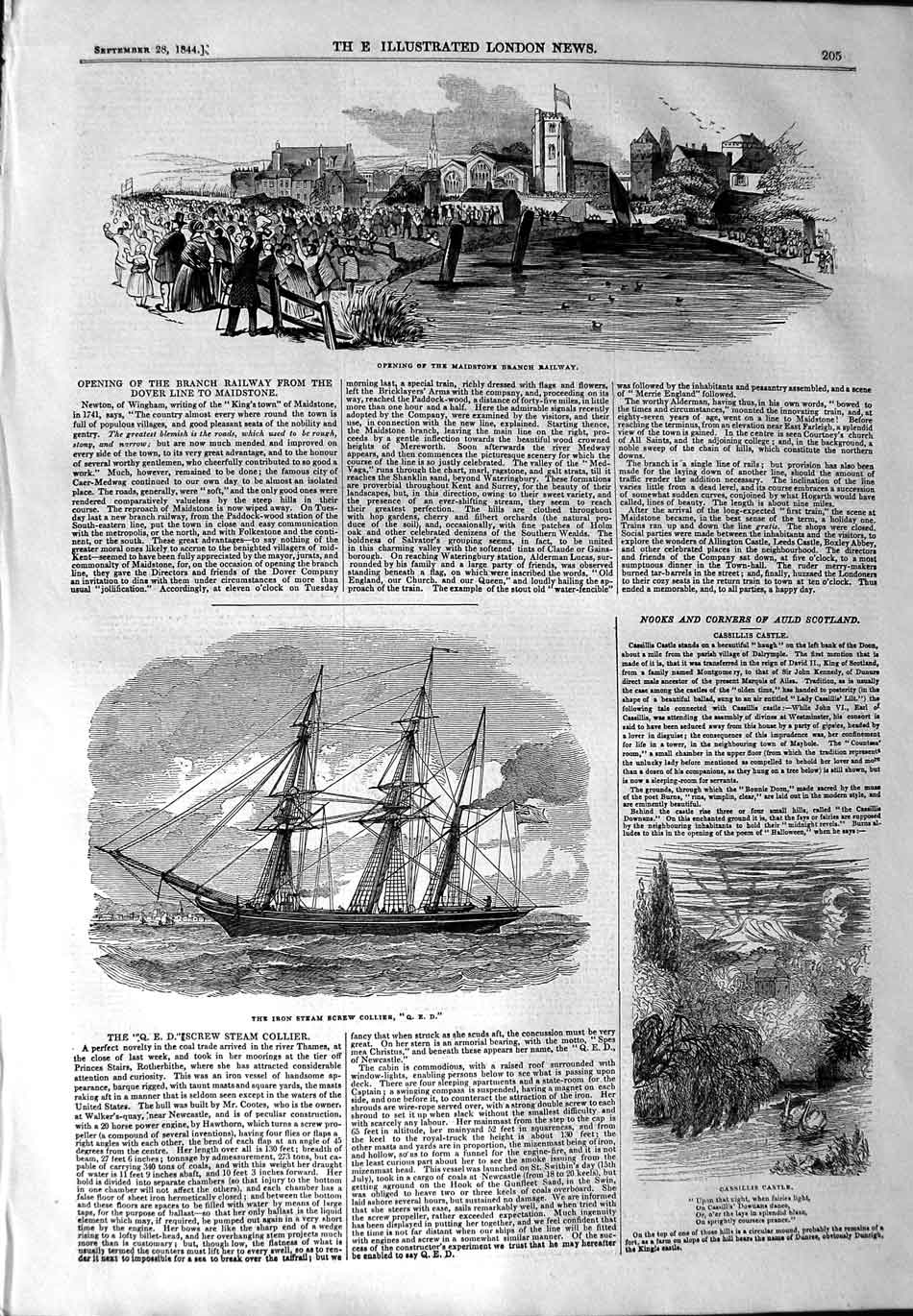Old Antique Print 1844 Maidstone Railway Cassillis Castle Screwship Q.E.D 19th