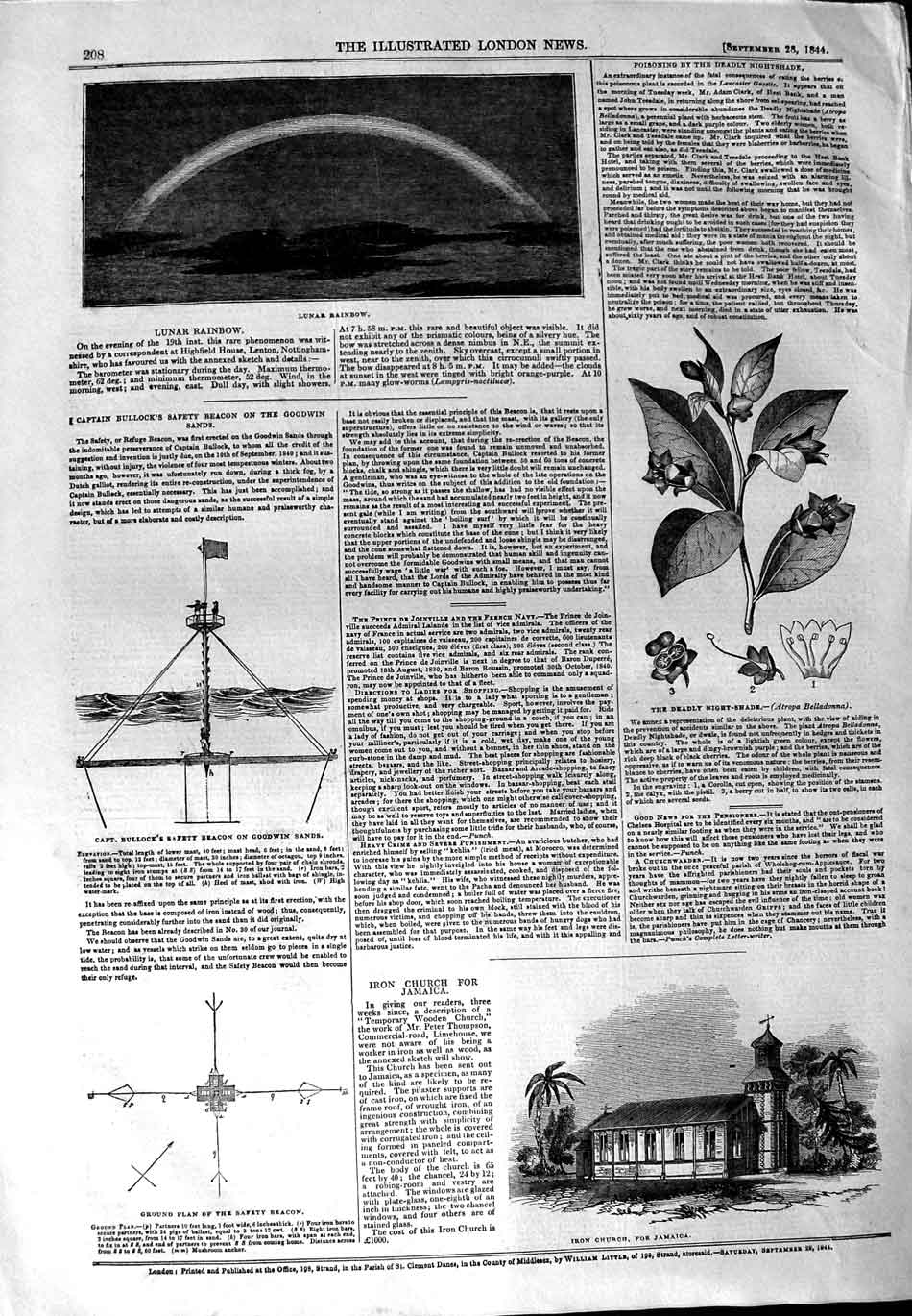 Original Old Antique Print 1844 Lunar Rainbow Deadly Night-Shade Church Jamaica