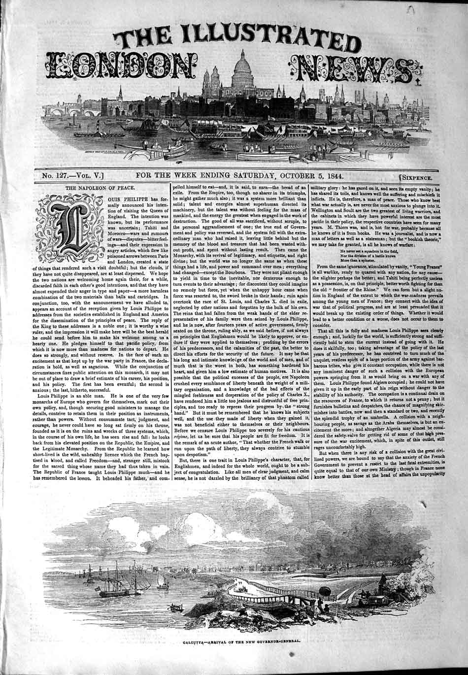 Original Old Antique Print 1844 Calcutta India Ships Arrival Governor-General