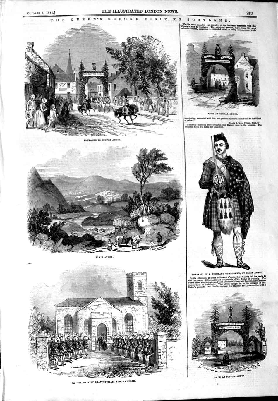 Original Old Antique Print 1844 Queen Scotland Coupar Blair Athol Church Gu 19th