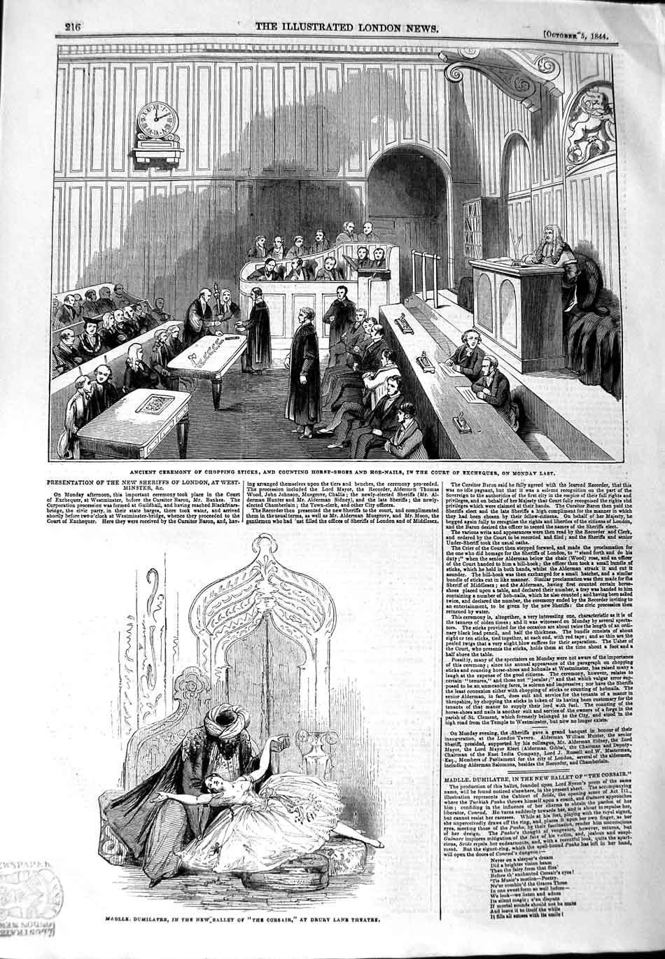 Original Old Antique Print 1844 Ballet Drury Theatre Court Exchequer Sheriffs