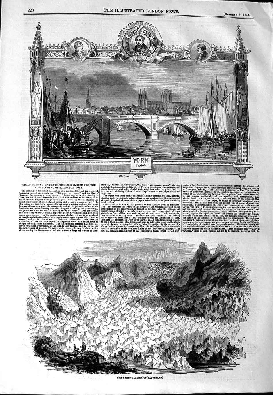 Old Antique Print 1844 Great Glacier Lauteraar View York England Bridge 19th