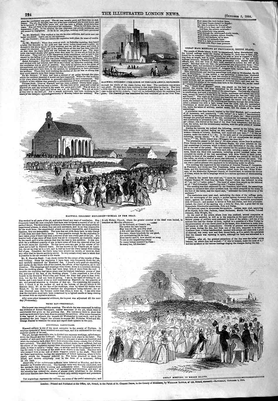 Original Old Antique Print 1844 Haswell Colliery Explosion Mining Rhode Island