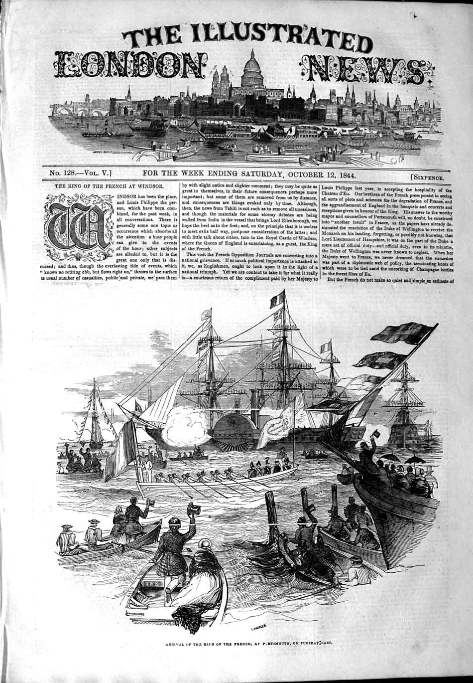 Original Old Antique Print 1844 Arrival King French Portsmouth Ships Victorian