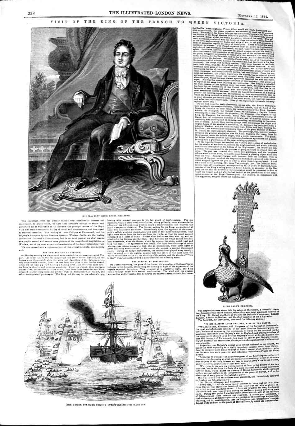 Original Old Antique Print 1844 King Louis Philippe France Gomer Ship Por 19th
