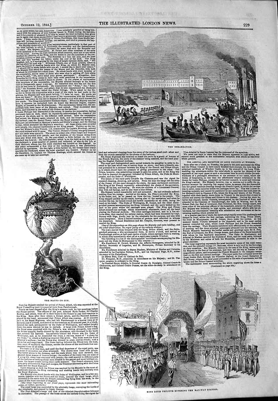 Original Old Antique Print 1844 King Louis Philippe Railway Station Boats 19th