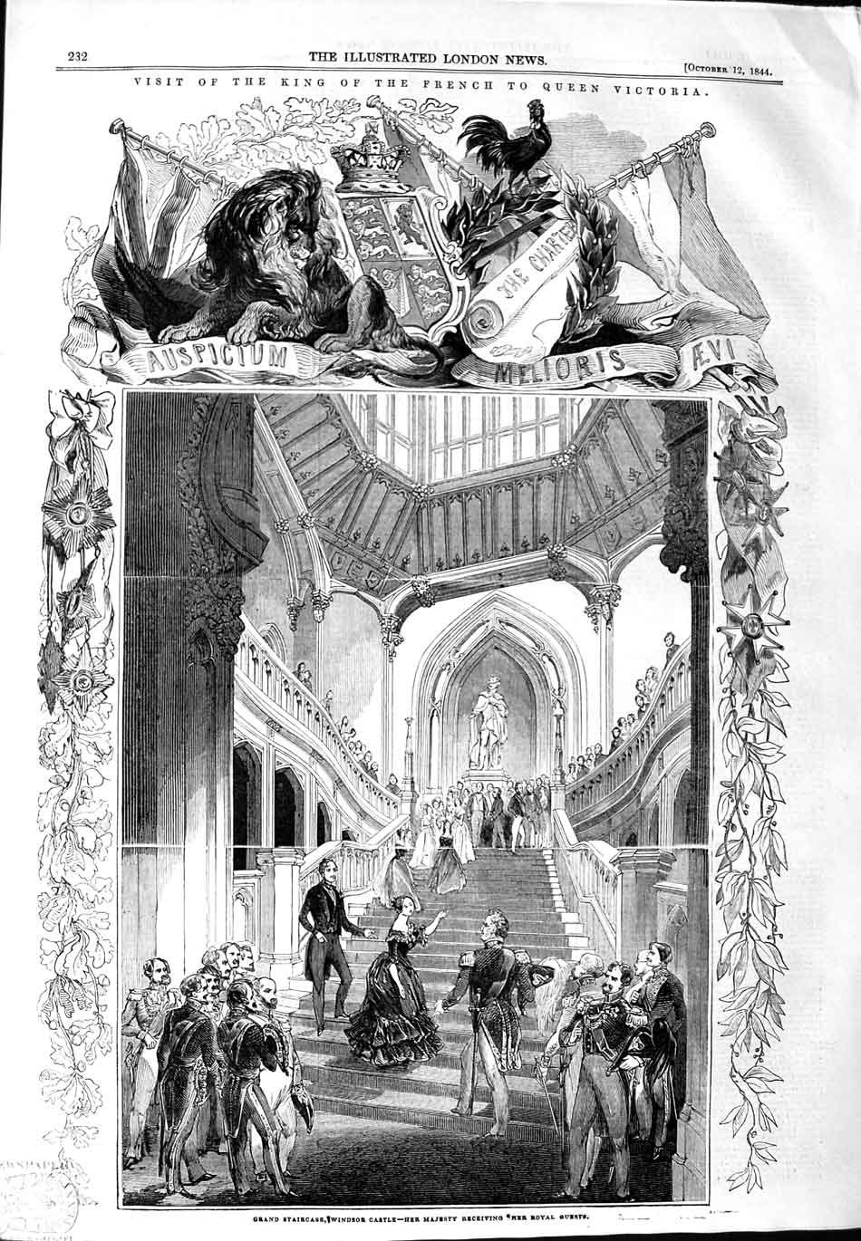 Old Antique Print 1844 Grand Staircase Windsor Castle Queen King French 19th