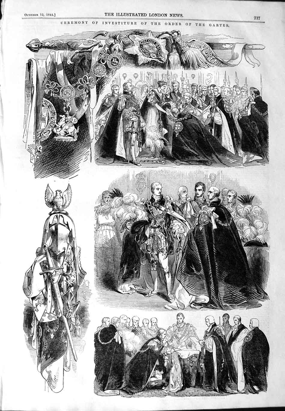 Original Old Antique Print 1844 Ceremony Investiture Order Garter Royalty 19th